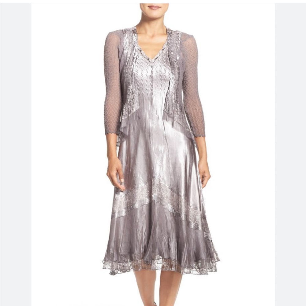 KOMAROV 2PC Beaded V-Neck Crinkled Charmeuse & Chiffon Dress & Jacket Se…